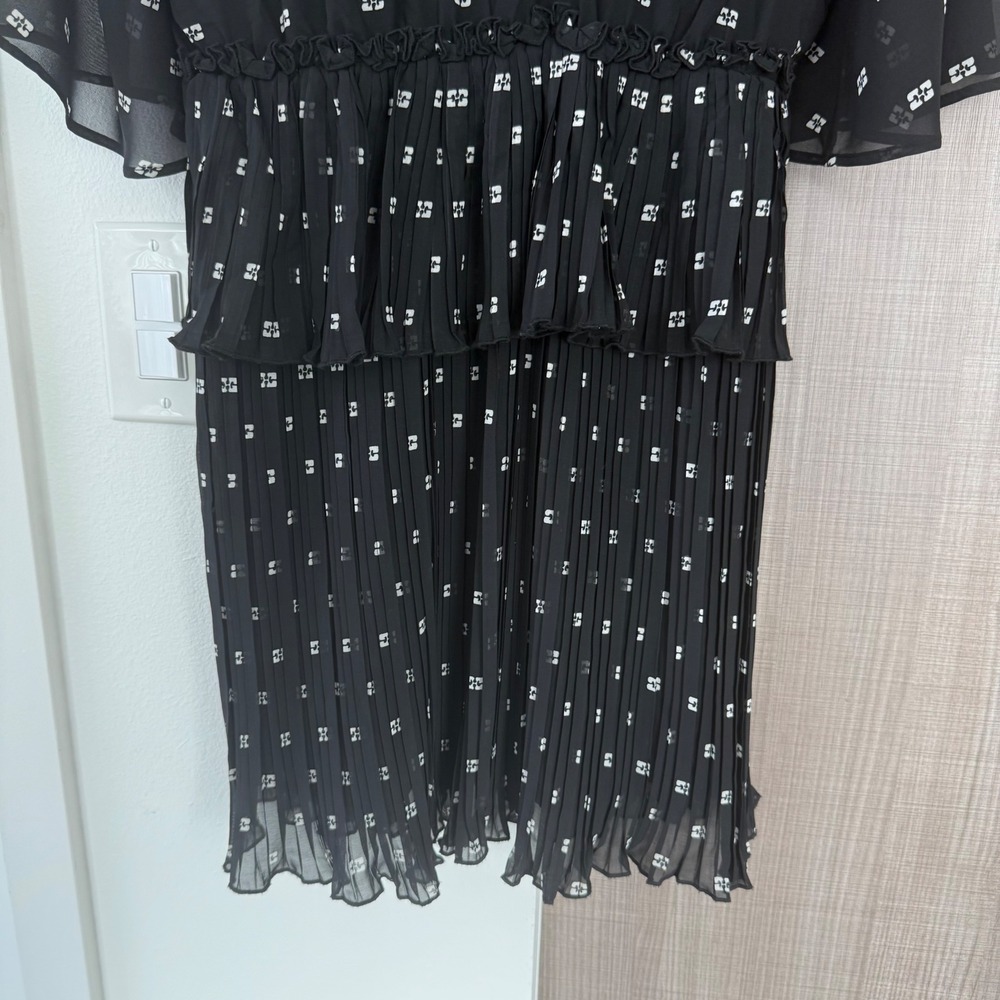 GANNI Black Pleated Georgette V Neck‎ Flounce Mini Dress Short Sleeve EU38 US6 - Picture 14 of 16